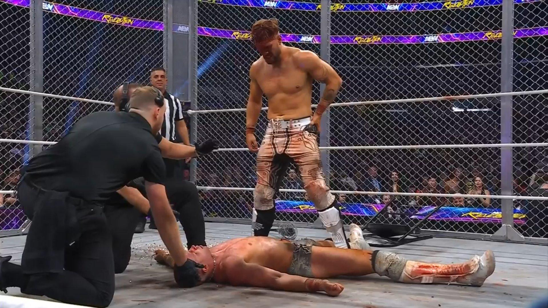 Will Ospreay Hits Spanish Fly Off Top Of The Cage, Defeats Kyle Fletcher At AEW Revolution | Fightful News